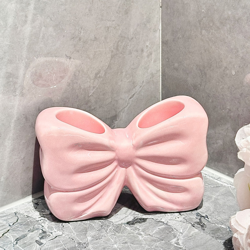 Bow Ceramic Storage Cup – Cute Multifunction Organizer for Desk & Vanity